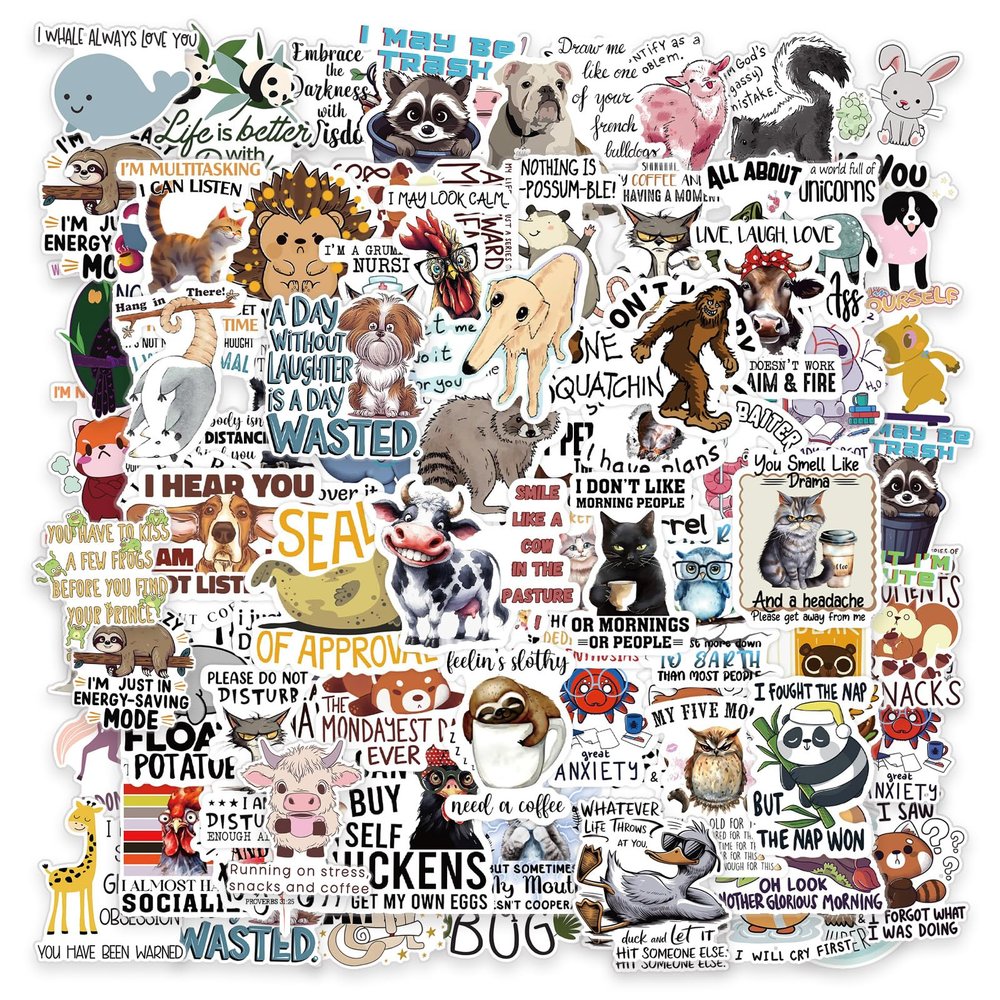 100Pcs Funny Holographic Animals Stickers for Adults, Waterproof Holographic Vinyl Sarcastic Meme Water Bottle Sticker for Hard Hat Laptop, Kindle, Phone, Scrapbooking Decals