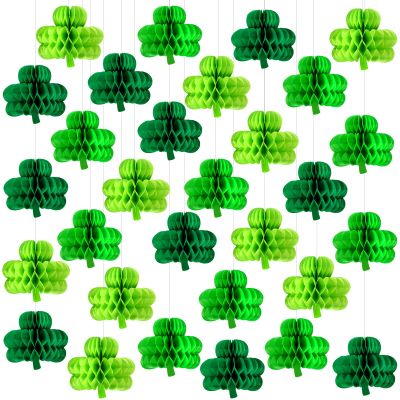 Gueevin 30 Pcs St Patricks Day Hanging Decorations St. Patrick's Day Honeycomb Balls Shamrock Honeycomb Paper Irish Ceiling Decor for Table Centerpiece Birthday Home Spring