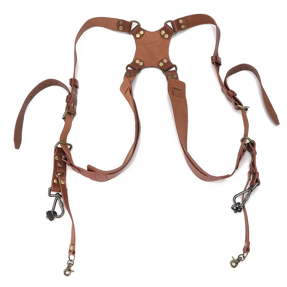 Backup Camera Strap Leather Double Shoulder Harness for 2 Cameras, Adjustable Brown Heavy Duty Sling with Crossbody Belt - Professional DSLR Holster for Photographers (Shoulders-brown)