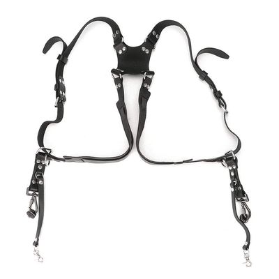 Backup Camera Strap Leather Double Shoulder Harness for 2 Cameras, Adjustable Brown Heavy Duty Sling with Crossbody Belt - Professional DSLR Holster for Photographers (Shoulders-Black)