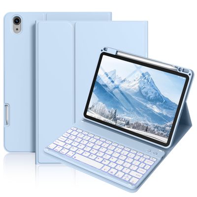 BQDIYOO Case for iPad Air 11-inch M3/M2 (2025/2024), Folio Cover with Pencil Holder for iPad Air 7th 6th 11"/Air 5th 4th Gen 10.9 inch Case with 7-Color Backlit Detachable Bluetooth Keyboard, Blue