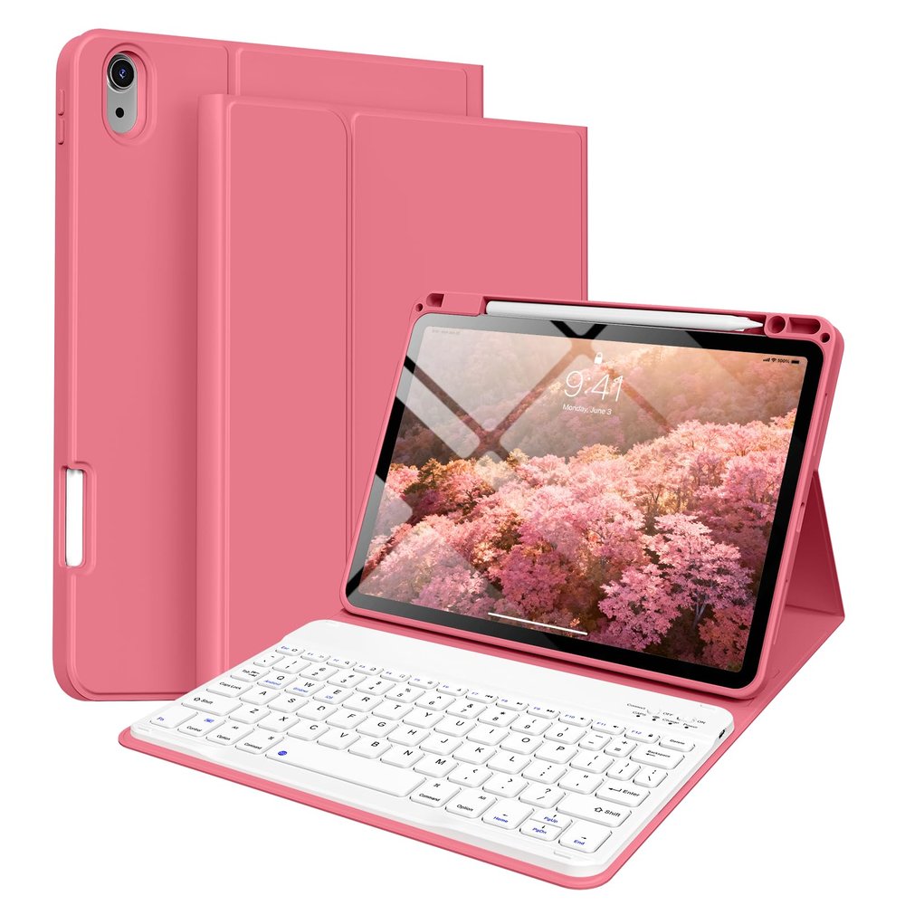 BQDIYOO Case for iPad Air 7th/6th 11-inch M3/M2 (2025/2024), iPad Air 5th/4th Generation 10.9 inch 2022/2020, Stand Folio Detachable Wireless Keyboard Soft TPU Cover with Pencil Holder, Red