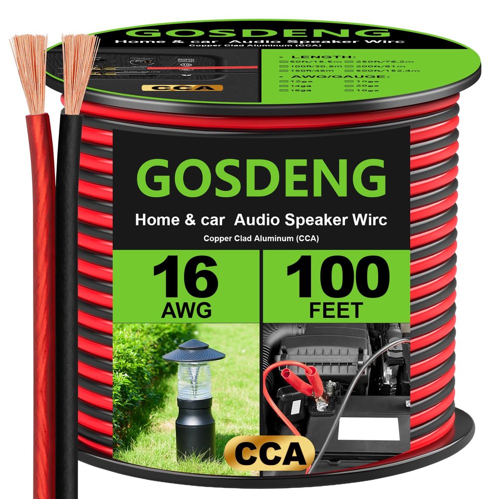 GOSDENG 16 Gauge Speaker Wire- 100 ft Spec Soft Touch Audio Wire for Car Stereos, Home Theater, Surround Sound - Flexible 16 AWG Speaker Cable - Red/Black