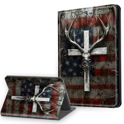 Case for 6.8" Kindle Paperwhite 11th Generation 2021 & Signature Edition, Multi-Angle Viewing Leather Smart Stand Back Cover with Auto Sleep Wake, American Flag Antlers Crosses