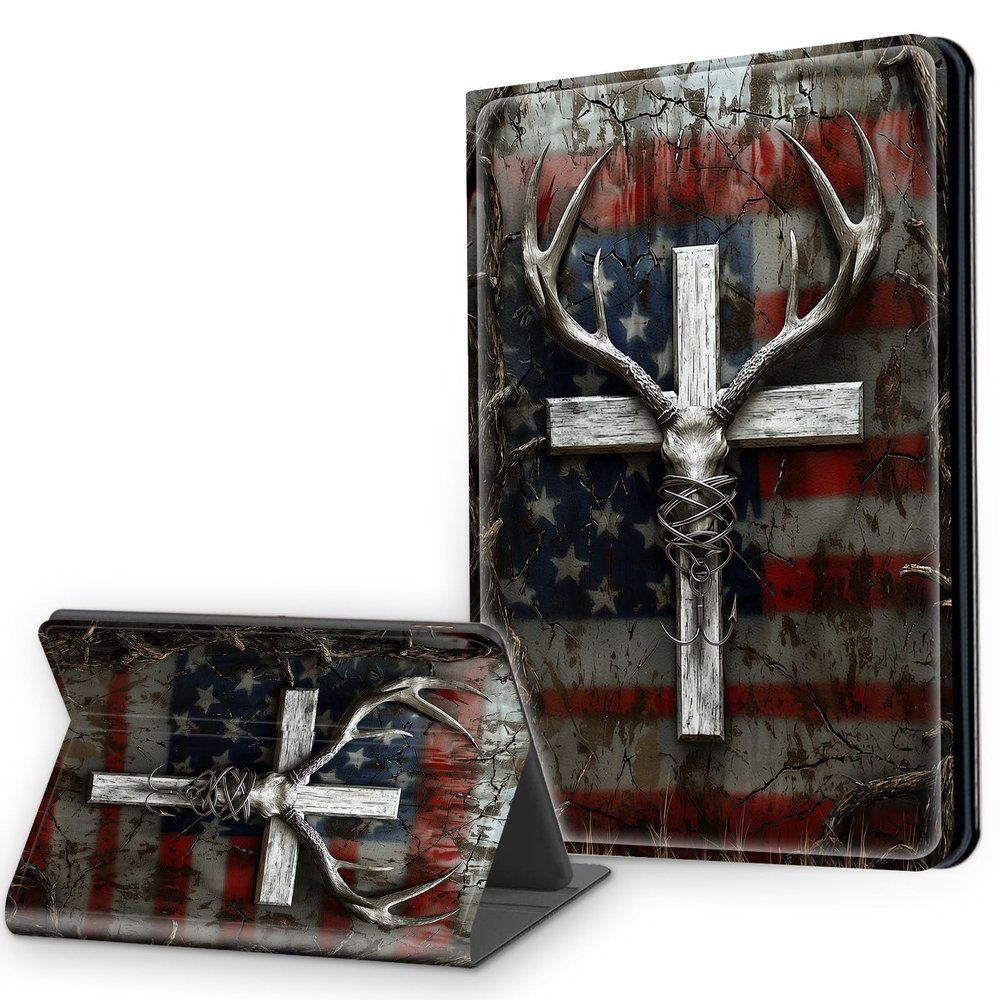 Case for 6.8" Kindle Paperwhite 11th Generation 2021 & Signature Edition, Multi-Angle Viewing Leather Smart Stand Back Cover with Auto Sleep Wake, American Flag Antlers Crosses