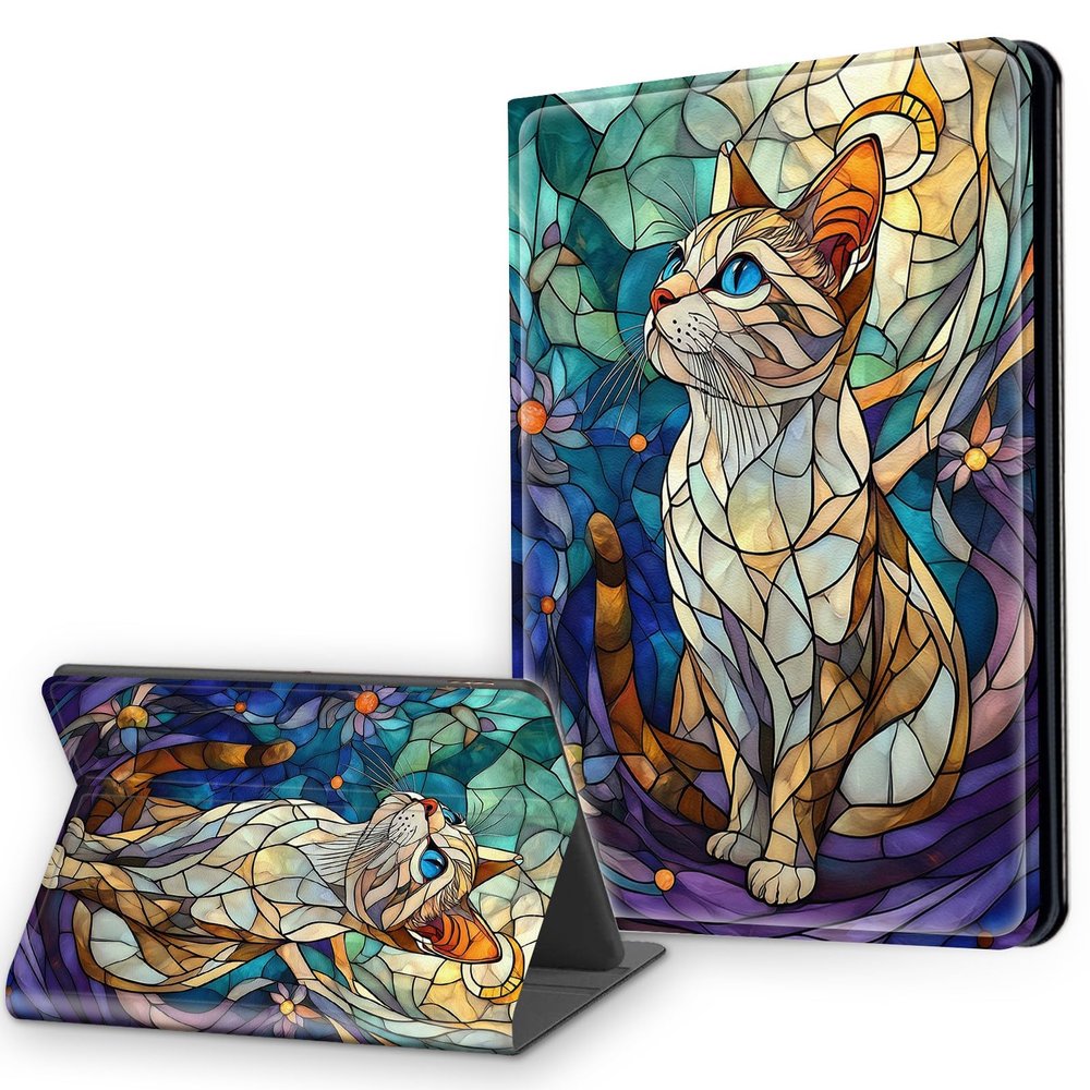 Case for 6.8" Kindle Paperwhite 11th Generation 2021 & Signature Edition, Multi-Angle Viewing Leather Smart Stand Back Cover with Auto Sleep Wake, Abstract Cat