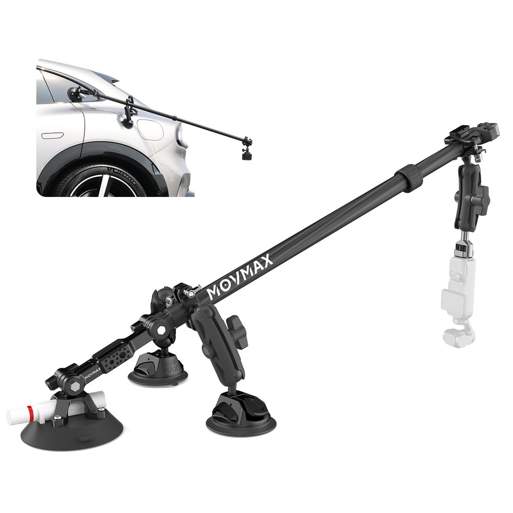 MOVMAX 3 in1 Suction Cup Car Mount with Carbon Fiber Stick(4.46ft),Triple Suction Cup Kit with Nato Rail&360 Magic Arm, Compatible with DJI Osmo Pocket3/360/Gopro/Insta360/Action Camera,Quick Release