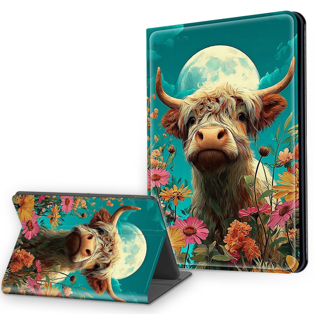 Case for 6.8" Kindle Paperwhite 11th Generation 2021 & Signature Edition, Multi-Angle Viewing Leather Smart Stand Back Cover with Auto Sleep Wake, Flower Highland Cow