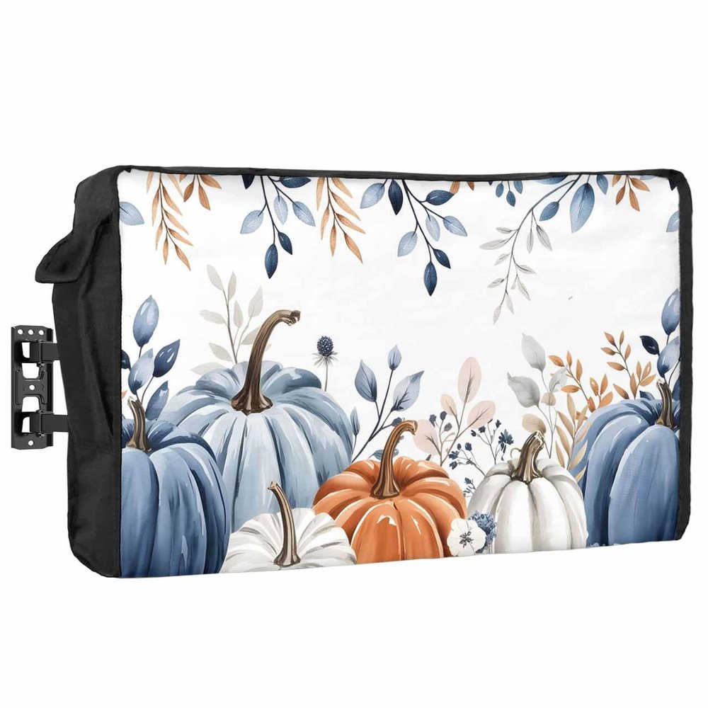 DecorLovee Thanksgiving Pumpkin Fall Outdoor TV Cover 80 to 85 Inches Weatherproof & Waterproof, Blue Grey Orange Botanical Outdoor TV Enclosure with Remote Control Pocket, TV Screen Protectors