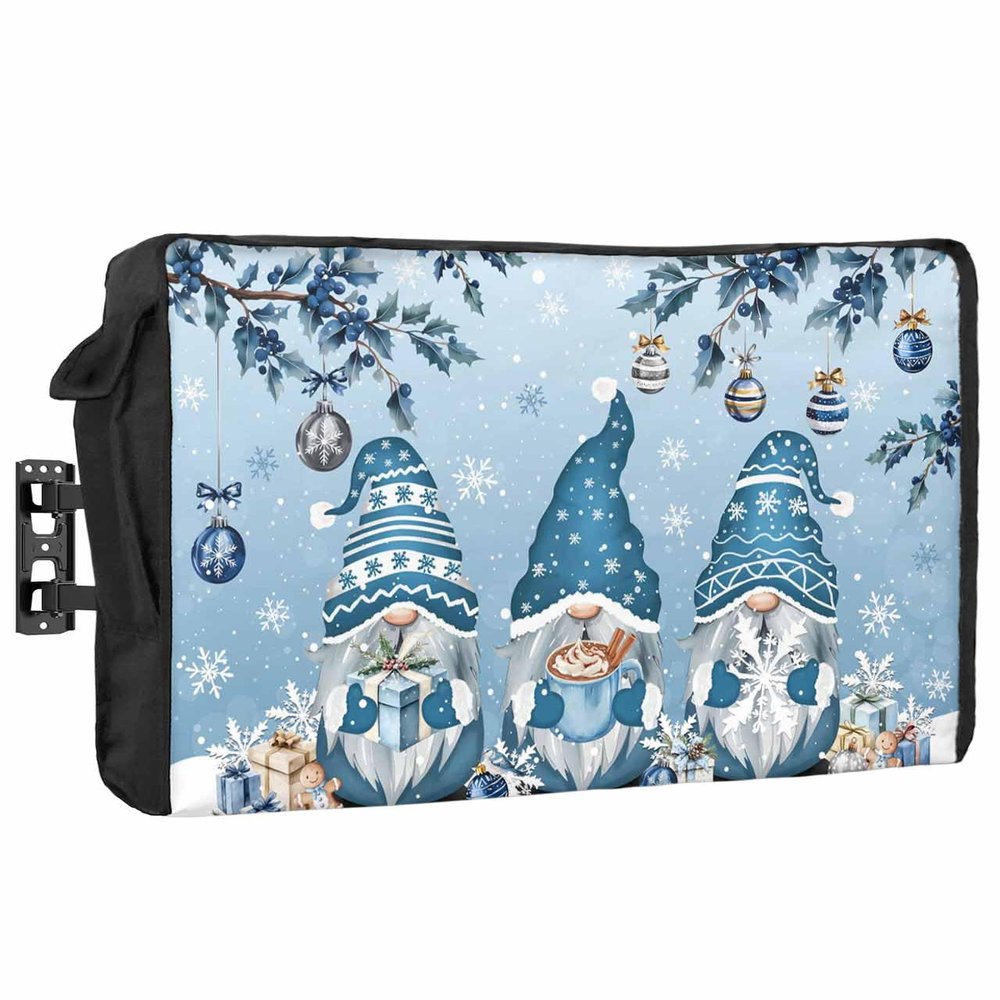 DecorLovee Blue Ombre Gnomes Christmas Outdoor TV Cover 80 to 85 Inches Weatherproof & Waterproof, Xmas Balls Tree Snowflake Retro Outdoor TV Enclosure with Remote Control Pocket, TV Screen Protectors
