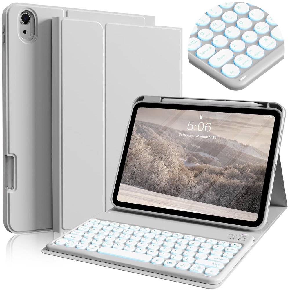BQDIYOO Case for iPad Air 11-inch M3/M2 (2025/2024), Folio Cover with Pencil Holder for iPad Air 7th 6th 11"/Air 5th 4th Gen 10.9 inch Case with Backlit Detachable Bluetooth Keyboard, Grey