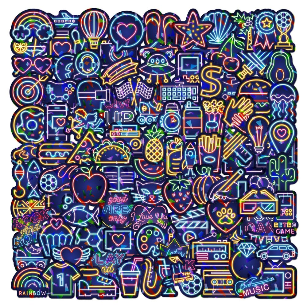 100 Pcs Water Bottle Holographic Stickers Packs Cool Cute Neon, Waterproof Vinyl Decal Holo Stickers for Adult Kids Water Bottles Laptop Scrapbooking Computer Phone Skateboard Journaling Luggage
