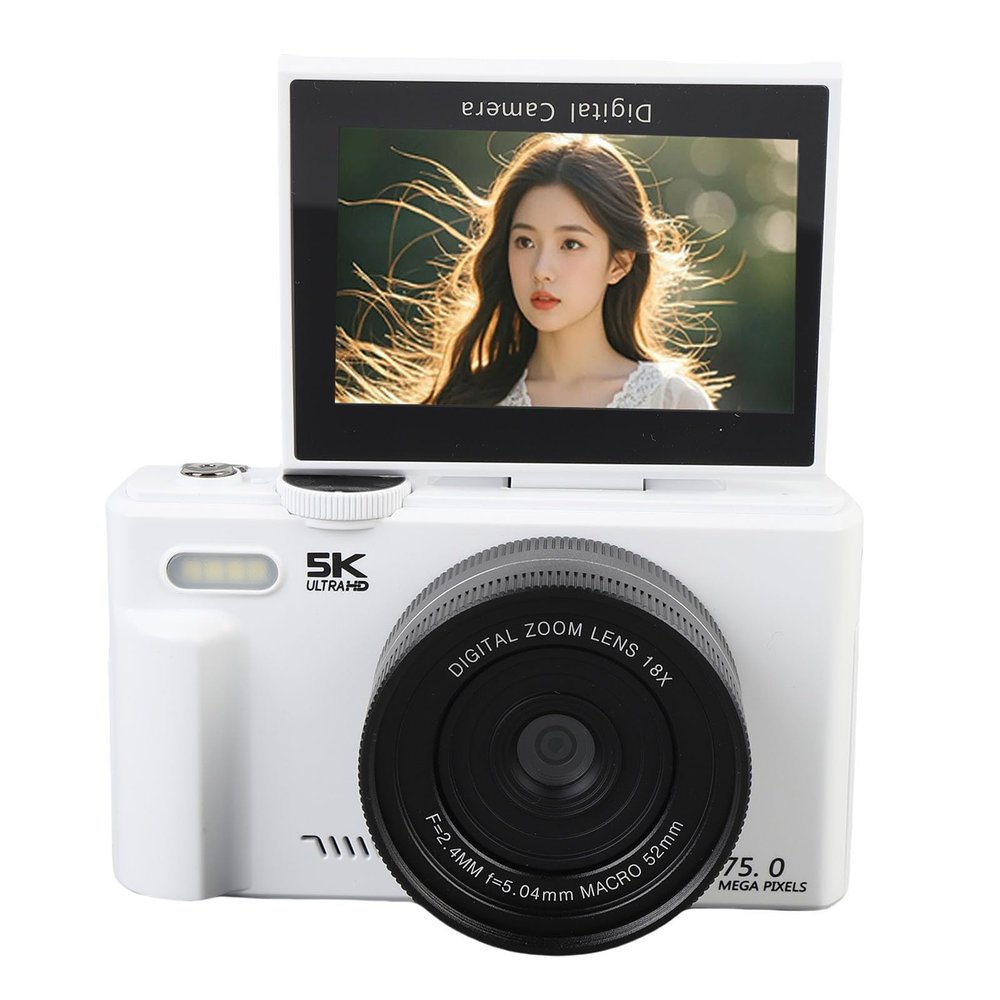 Asixxsix 5K Digital Camera, 75MP UHD Compact Video Travel Camara with 3 Inch Flip Screen, 18X Optical Zoom AF Autofocus, WiFi Retro Camera with Flash for Photography and Video (White)