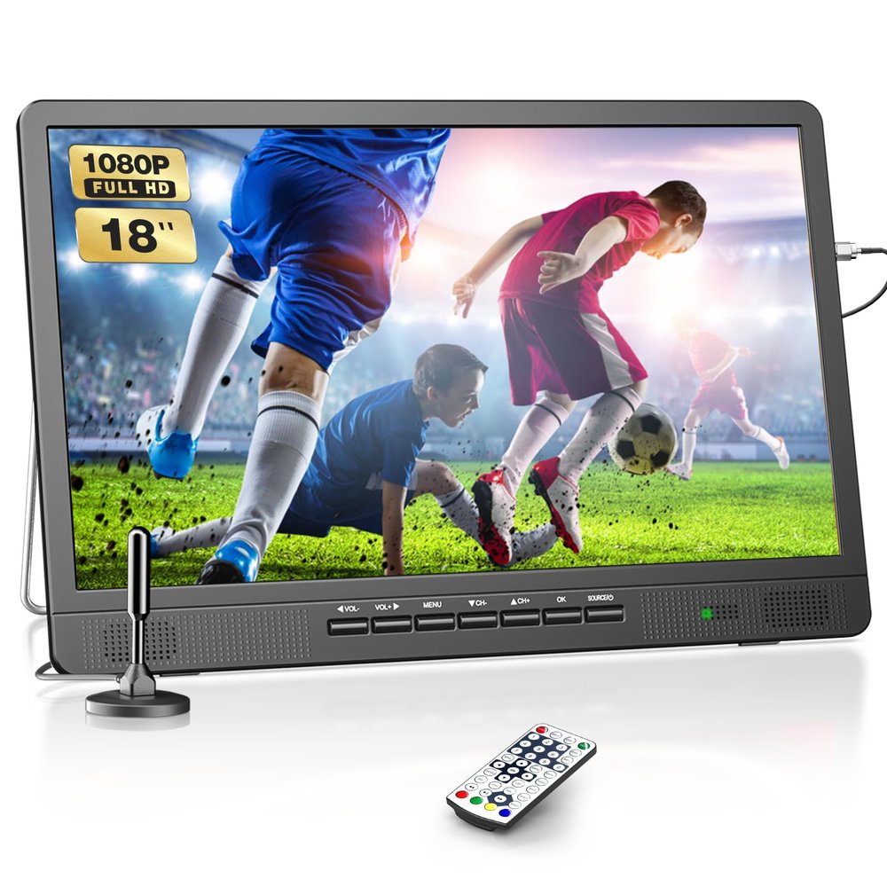 Desobry 18.2" Portable TV with Antenna, 1080P LED TV with HDMI Input/AV Input/USB Port, Small TV for Kitchen, Camping, RV, Bedroom, Patio, Indoor Outdoor Portable T V Built-in Stand