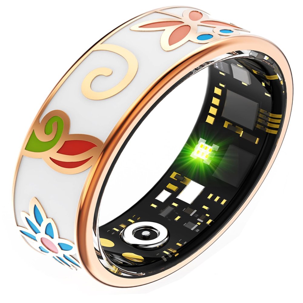 Ladies Smart Ring for Women Health Ring Blood Pressure Heart Rate Sleep Monitor Fitness Tracker Calories Step Counter Gesture Control iOS Android (#7(Inner circ2.14in), Enamel Ring-with charging case)