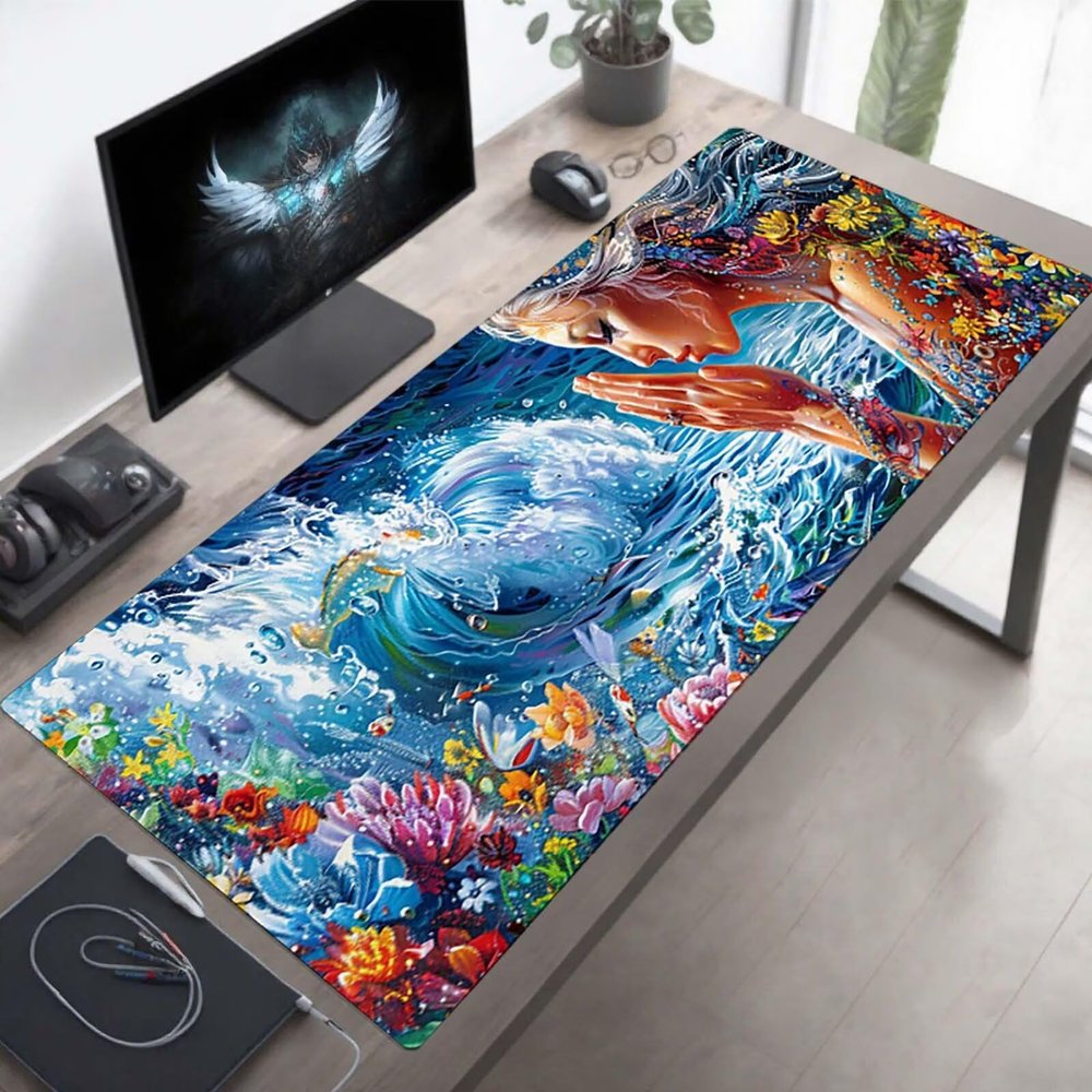 Mouse Pad Woman Gaming Mouse Pad Blue Computer Desk Mat Keyboard Mat with Stitched Edges Waterproof Anti-Slip Rubber Base Smooth Surface PC for Home Office Accessories, Gifts 32x16x0.12inch PjY904 3-N