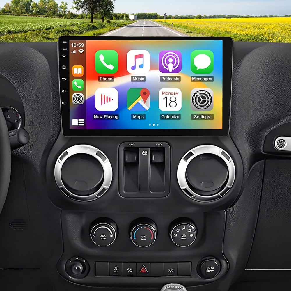 10" Android 14 Car Stereo Radio for Jeep Wrangler JK 2007-2017 Upgrade CarPlay Touch Screen Head Unit with Wireless Carplay & Android Auto GPS Bluetooth WiFi FM RDS DSP SWC Backup Camera Mic