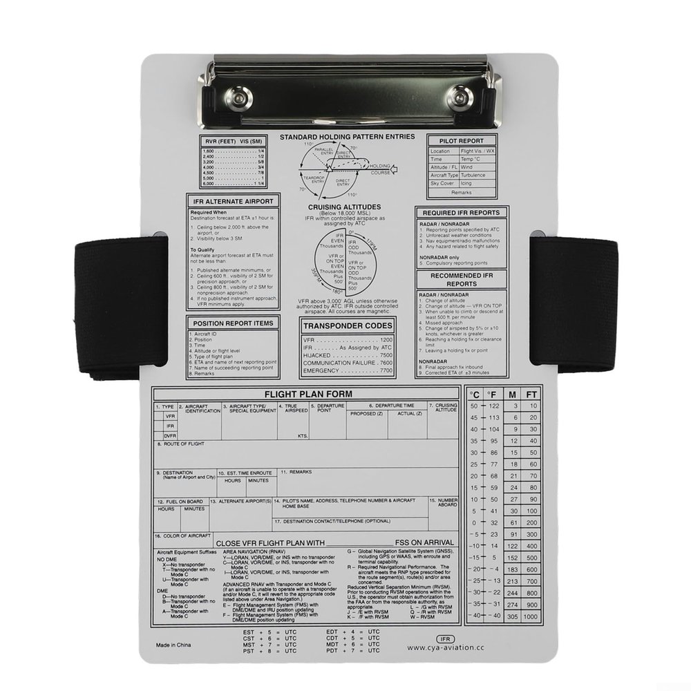 Aluminum Pilot Kneeboard With Long Metal Clip And Elastic Strap, IFR/VFR Aviation For Flight Data Recording And Holding Charts And Forms During Flying(IFR+A)