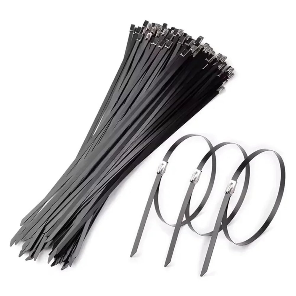 100pcs Stainless Steel Cable Ties Metal Self-locking Fastening Straps Black Heavy Duty Wire Tie Exhaust Wrap Rings Cable Management(20x0.46cm)