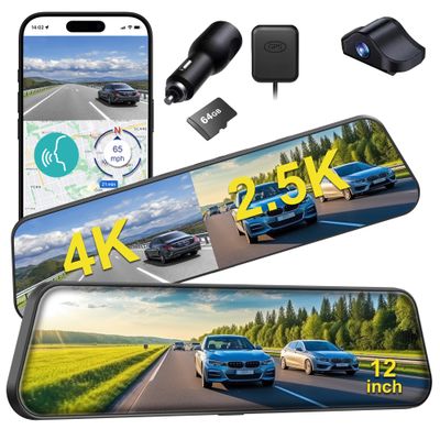 12'' 4K Rear View Mirror Camera,4K+2.5k Front and Rear Mirror Dash Cam,ADAS BSD LCA Smart Rearview Mirror for Cars,App WiFi,Night Vision, Parking Monitor, 64GB Card & GPS Digital View Mirror Dashcam
