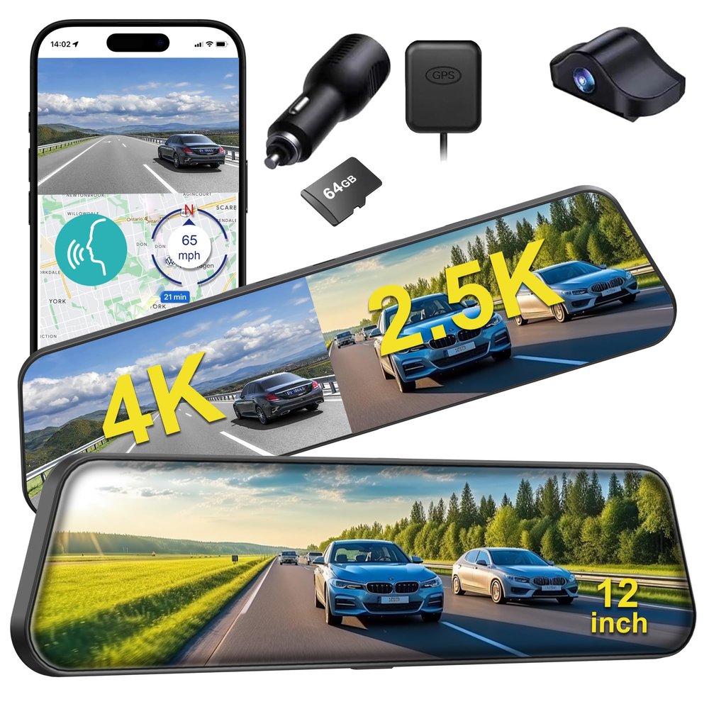 12'' 4K Rear View Mirror Camera,4K+2.5k Front and Rear Mirror Dash Cam,ADAS BSD LCA Smart Rearview Mirror for Cars,App WiFi,Night Vision, Parking Monitor, 64GB Card & GPS Digital View Mirror Dashcam