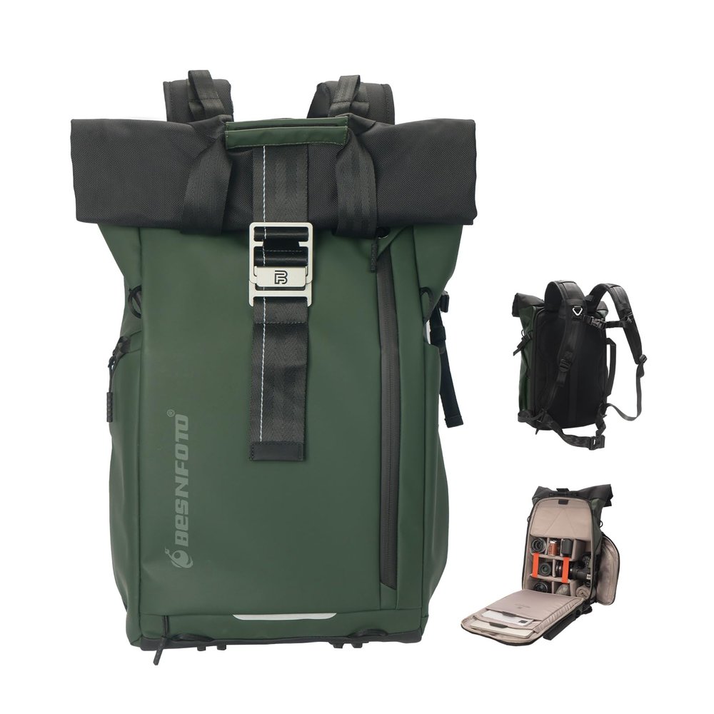 Besnfoto Camera Backpack, Waterproof Travel Camera Bag for Photographer Expandable Roll Top Photography Case for DSLR SLR Mirrorless Camera Fit up to 15.6 inch Laptop with Rain Cover