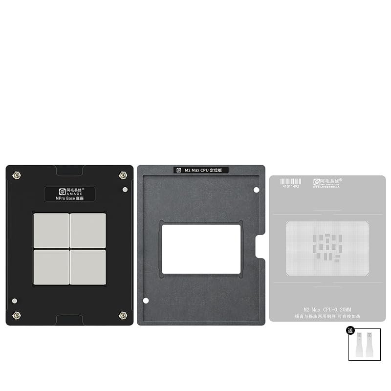 Amaoe CPU Steel Mesh Repair Platform Kit,Suitable for Apple Mac BookPro MPro M2 Max CPU Notebook chip BGA Steel Mesh/4PCS Tin Plating Set -Positioning Board,Steel Mesh,Magnet Base,Scraper