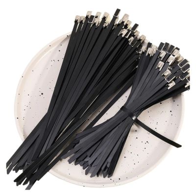 100PCS Self-Locking Metal Black Cable Ties Stainless Steel Coated Heavy Duty Zip Tie Fastener Cable Management(60cm)