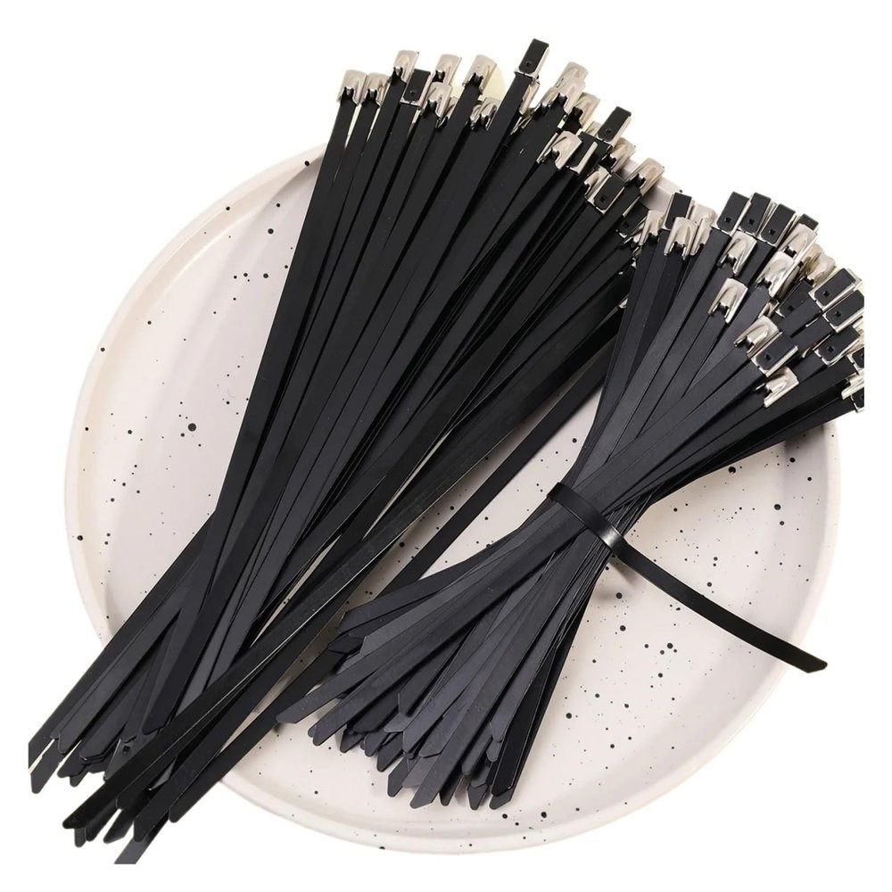 100PCS Self-Locking Metal Black Cable Ties Stainless Steel Coated Heavy Duty Zip Tie Fastener Cable Management(60cm)