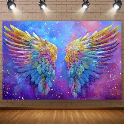 Rainbow Colorful Angel Wing Photo Background Angel Feather Wings Banner for Birthday Baby Shower Men Women Adult Party Decorations Artistic Portrait Photoshoot Studio Booth Props (Colorful, 9x6feet)