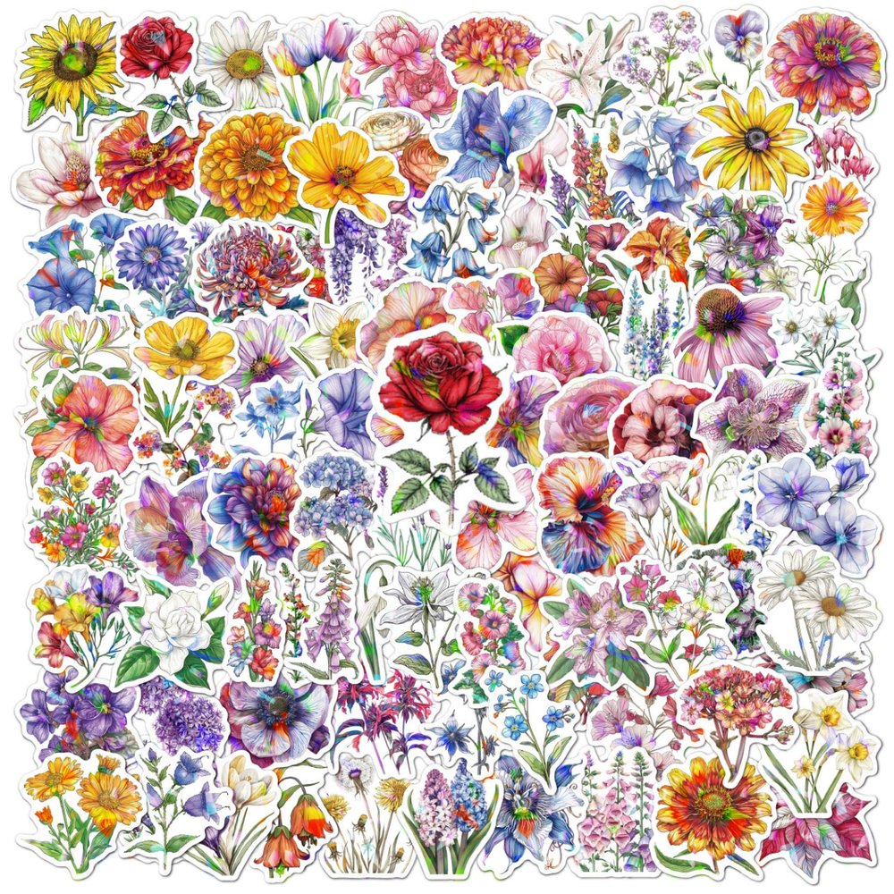 100 Pcs Flowers Stickers Packs, Glitter Holo Holographic Floral Sticker Waterproof Vinyl Stickers Decal for Girl Women Water Bottles Laptop Computer Phone Scrapbooking Skateboard Journaling Luggage