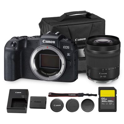 Canon EOS RP Mirrorless Camera| 26.2MP Full Frame Sensor| 4K Video Recording| Lightweight Compact Camera for Travel and Everyday Content Creation (3380C002) + Canon RF 24-105mm Lens + 64GB Card + Bag