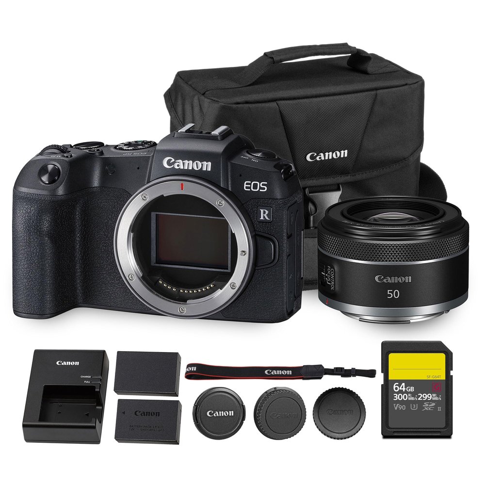 Canon EOS RP Mirrorless Camera | 26.2MP Full Frame Sensor | 4K Video Recording | Lightweight Compact Camera for Travel and Everyday Content Creation + Canon RF 50mm f/1.8 STM Lens + 64GB Card + More