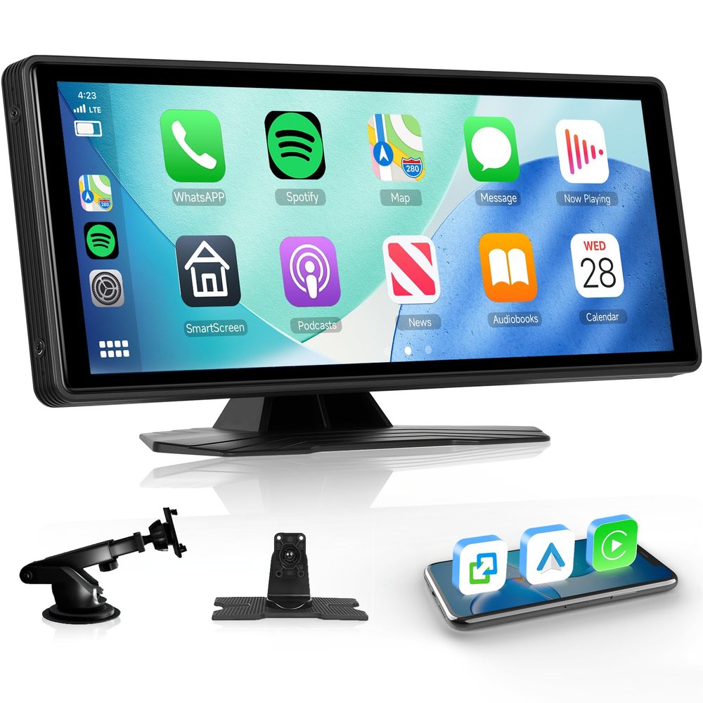 10.26 Wireless CarPlay Screen Portable Car Stereo, Upriding Wireless Android Auto Mirror Link, 1600x600 IPS Touchscreen, Voice Control, Navigation, Bluetooth, Plug n Play