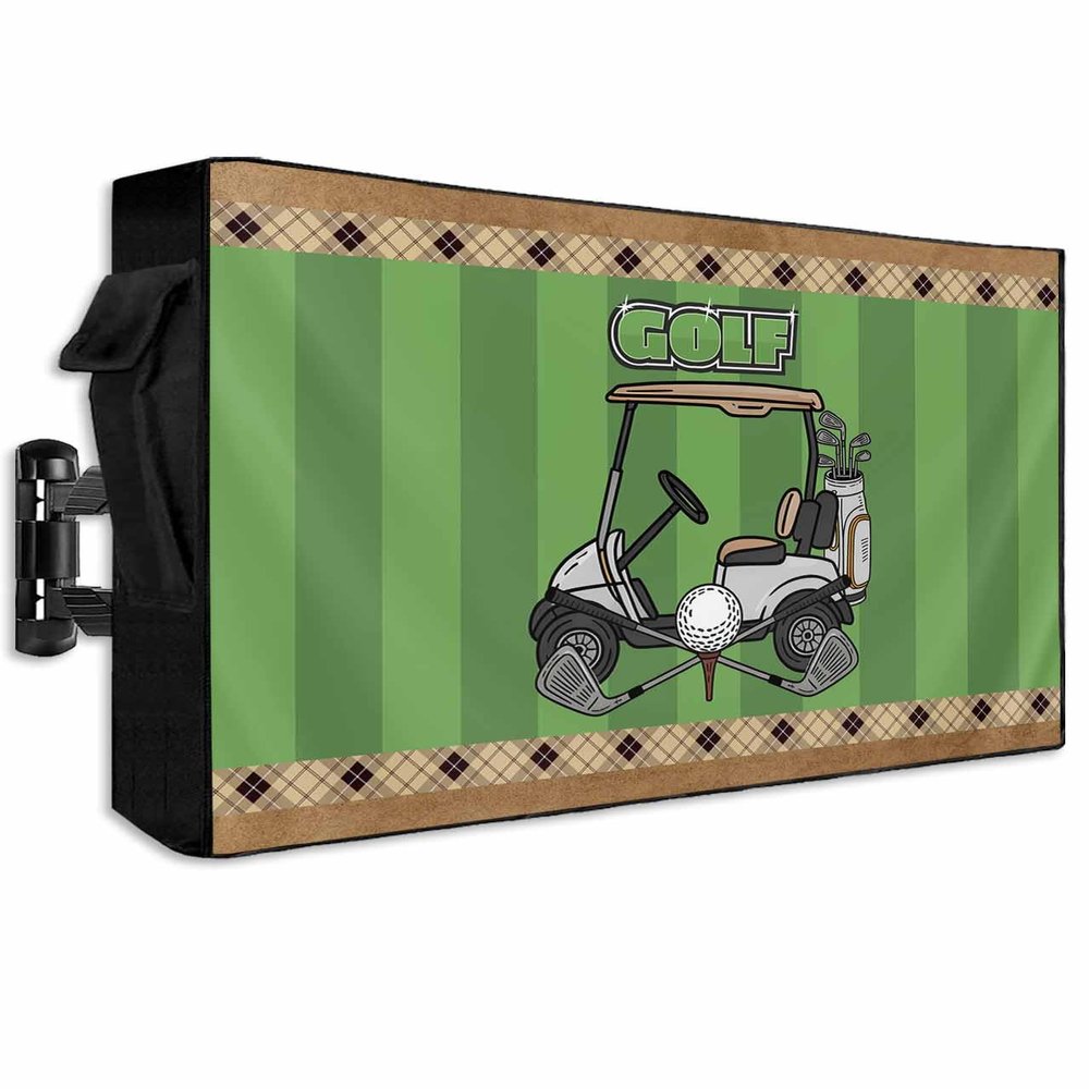 Golf Club Pattern Outdoor TV Cover 48 to 50 inch Golf Grenn Lawn Brown Background Waterproof Weatherproof TV Covers for Outside with Zipper Remote Control Pocket Outdoor Flat Screen Protectors