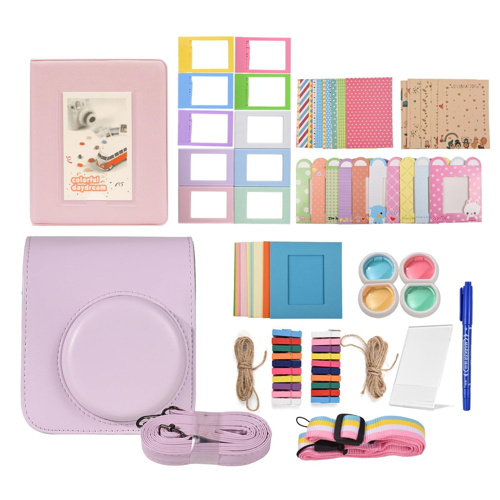 Instant Camera Accessories Kit for Mini 12, Complete Replacement Bundle with Camera Bag, Strap, Album, Clips, Frame, Stickers, and Pen - Protective PU Leather Bag, Photo (Pink)