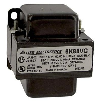 6K88VG, Transformer; PRI:110-120V; 50/60HZ; 500VCT @40DCMA; 6.3V @ 2.0A; Leads