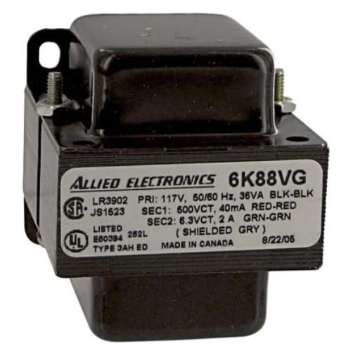 6K88VG, Transformer; PRI:110-120V; 50/60HZ; 500VCT @40DCMA; 6.3V @ 2.0A; Leads