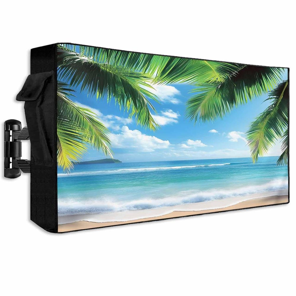 Coconut Tree Outdoor TV Cover 40 to 43 inch Tropical Beach Sky Sea Summer Scenery Waterproof Weatherproof TV Covers for Outside with Zipper Remote Control Pocket Outdoor Flat Screen Protectors