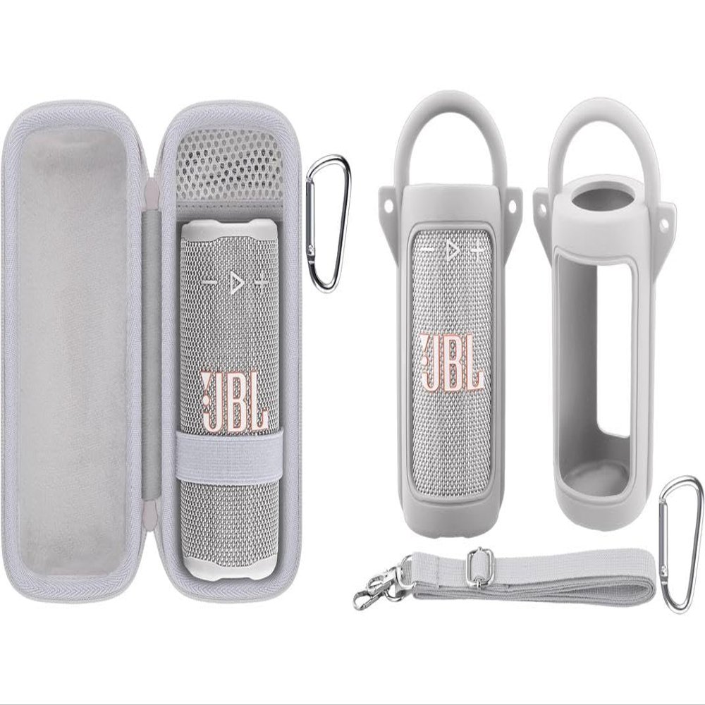 co2CREA Bundle for JBL Grip Hard Travel Carrying Case + Silicone Protective Cover with Shoulder Strap & Carabiner (White)