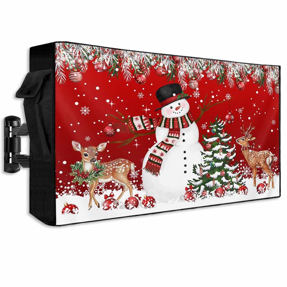 Christmas Snowman Outdoor TV Cover 70 to 75 inch Pine Tree Leaf Deer Xmas Balls Snow Red Waterproof Weatherproof TV Covers for Outside with Zipper and Pocket Outdoor Flat Screen Protectors