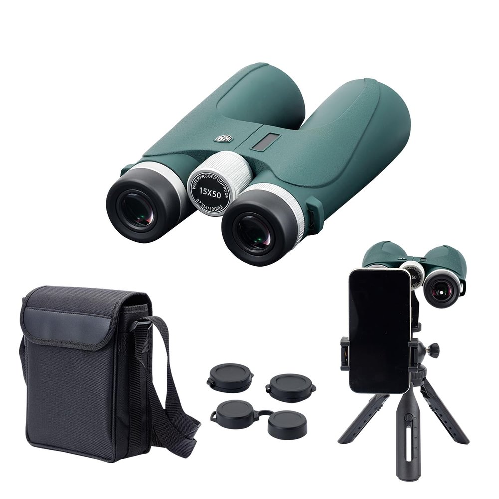 15x50 HD Binoculars for Adults High Powered with Phone Adapter and Tripod, Super Bright BAK4 Prism Waterproof Binoculars for Bird Watching Hunting Hiking Safari Travel Sports