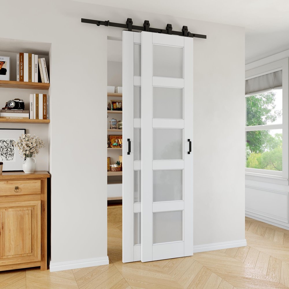 40" x 96" 5-Lite Glass White Primed Solid Core Sliding Bypass Barn Door Double Doors with Hardware Kit,40"x96"