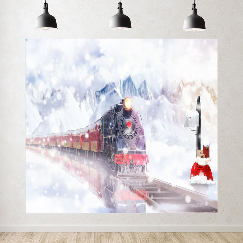 10x6.5ft Christmas Train Backdrop Polar Express with Christmas Shining Lights Decorations Photography Background for Xmas New Year Eve Kids Party Banner Decor Supplies Photo Booth Props Fabric