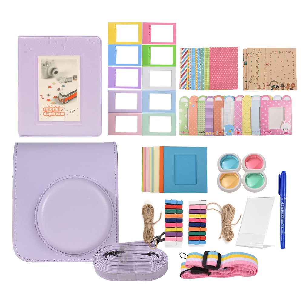 Instant Camera Accessories Bundle Kit Replacement for Mini 12, with Camera Bag, Strap, Photo Album, Clips, Frame, Stickers, and Pen - Protective PU Leather Bag, Decorative Photo (Purple)