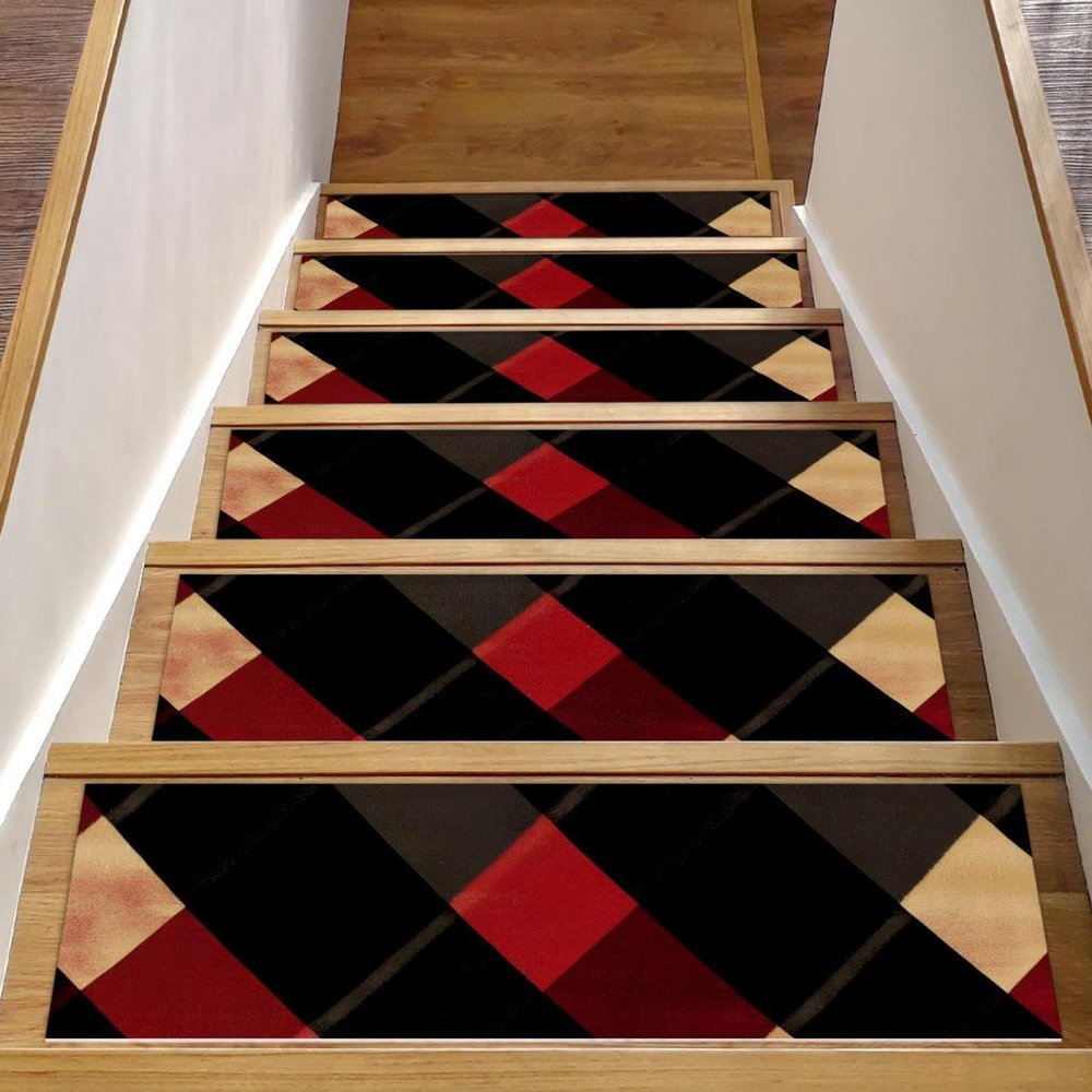 Stair Treads for Wooden Steps Indoor, Plaid 15 Pieces Stair Treads Carpet, Soft Stairway Runners Rugs, No Slip Staircase Mats for Kids Elders and Dogs