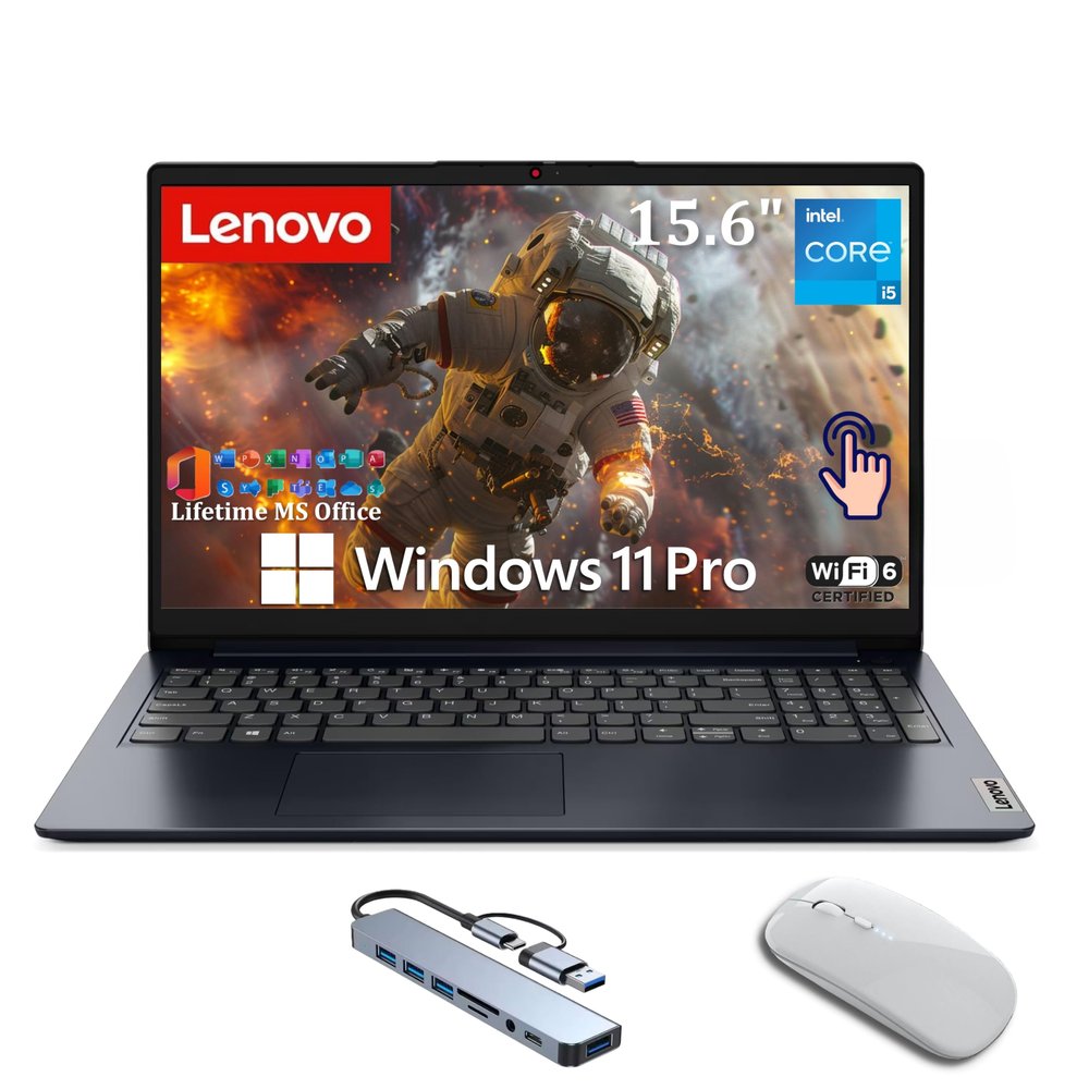 Lenovo IdeaPad 1i Laptop, 15.6" FHD Touchscreen, Intel Core i5-1335U Processor, 24GB RAM, 1TB SSD, Windows 11 Pro, MS Office Lifetime with Copilot AI, Wi-Fi 6, HDMI, 8-in-1 HUB & Mouse, Blue