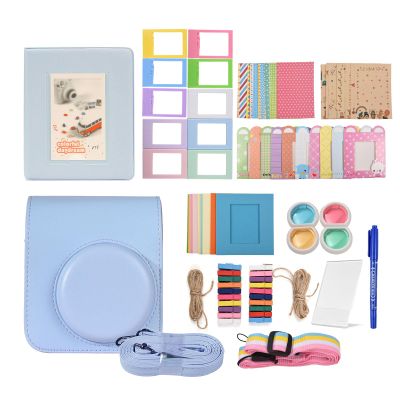Instant Camera Accessories Bundle Kit Replacement for Mini 12, with Camera Bag, Strap, Photo Album, Clips, Frame, Stickers, and Pen - Protective PU Leather Bag, Decorative Photo (Blue)