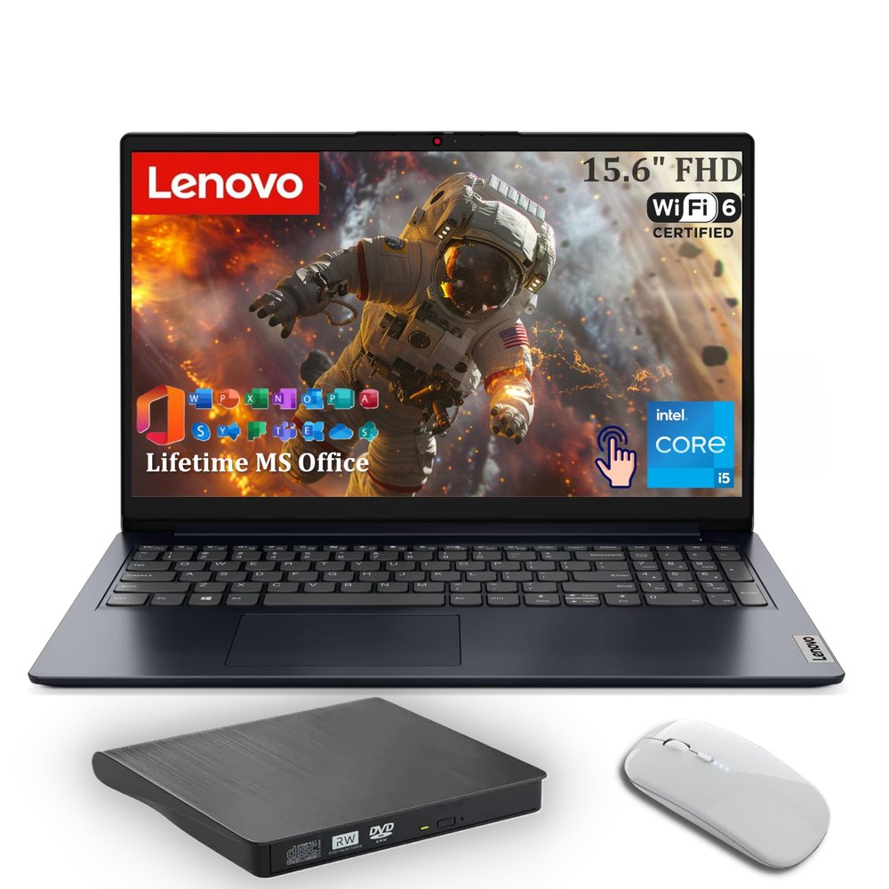 Lenovo IdeaPad 1i Laptop, 15.6" FHD Touchscreen, Intel Core i5-1335U (>i7-1165), 16GB RAM, 1TB SSD, MS Office Lifetime Copilot AI, External DVD Drive & Mouse, Wi-Fi 6, HDMI, Windows 11, Blue