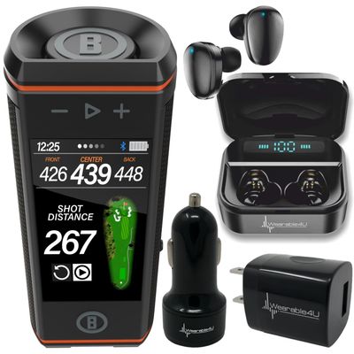 Bushnell Wingman HD View Golf Speaker, 3.5" Touchscreen, GPS Distances, Premium 360 Audio, Waterproof Design, Magnetic Cart Mount with Wearable4U Black Earbuds & Car/Wall Chargers Bundle